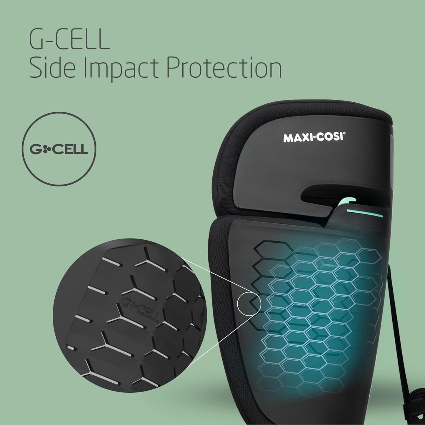 Maxi-Cosi car seat with G-Cell side impact protection technology on a green background