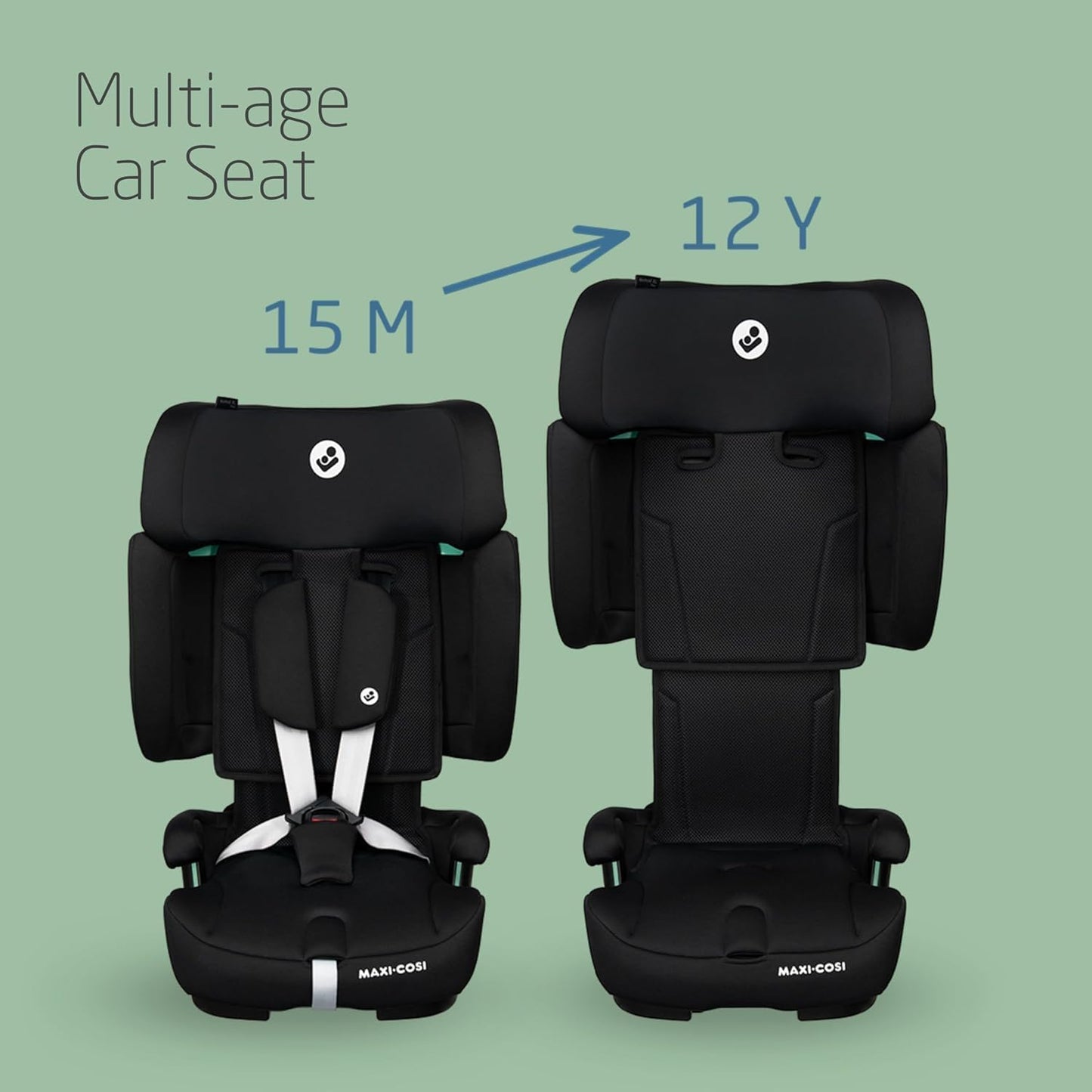 Black multi-age car seat with age and height indicators on a green background