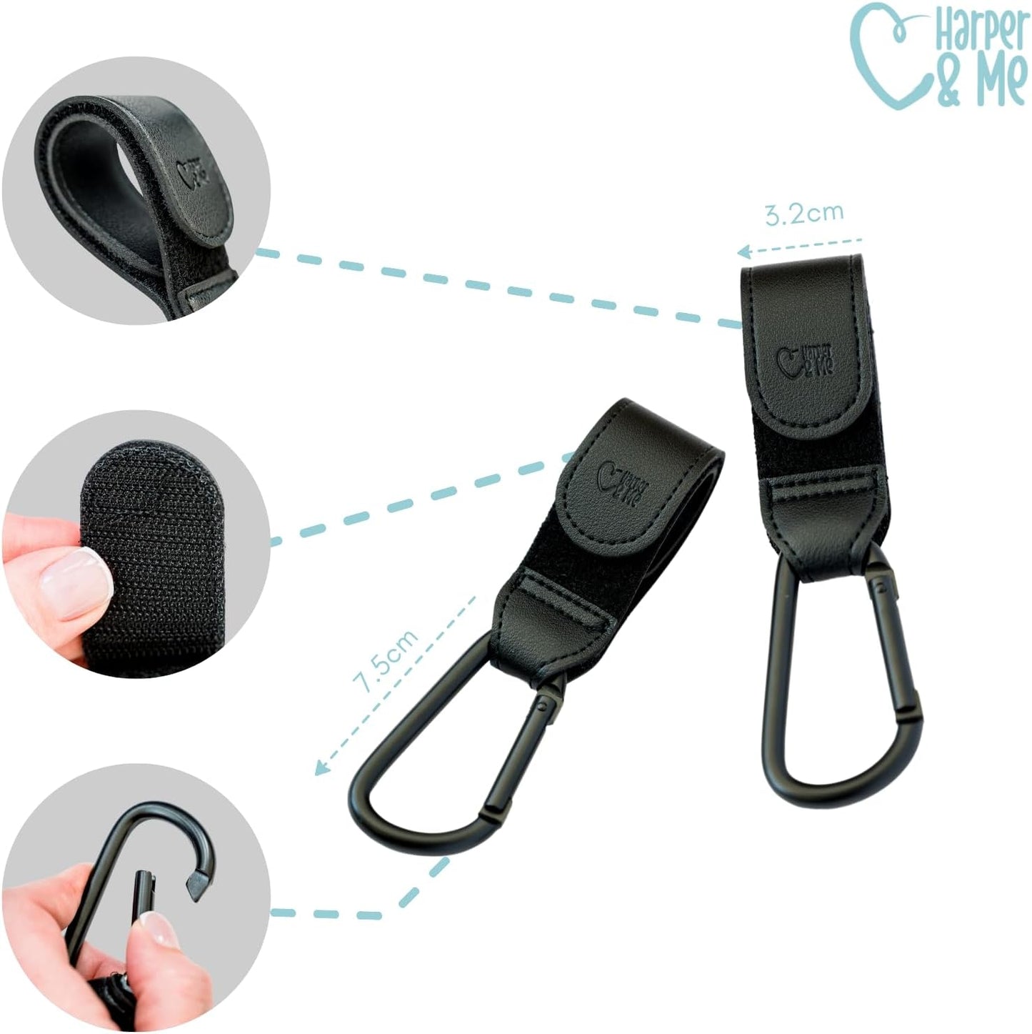 Black buggy clip with carabiner and measurements, featuring 'Harper & Me' branding.
Durable buggy clips by Harper & Me holding changing bag on pram – available at Thursday’s Child Rental