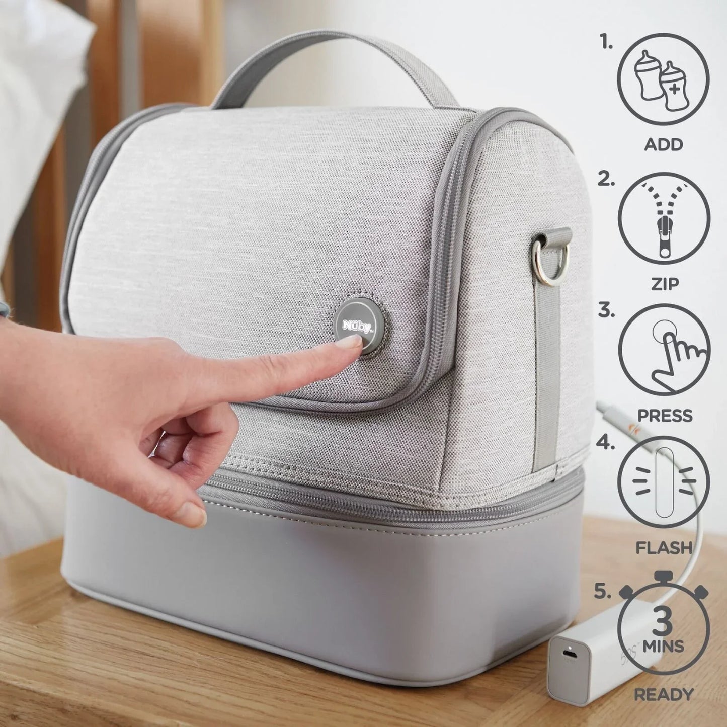 Parent using Nuby portable steriliser to clean baby bottles at home – baby bottle steriliser rental from Thursday’s Child