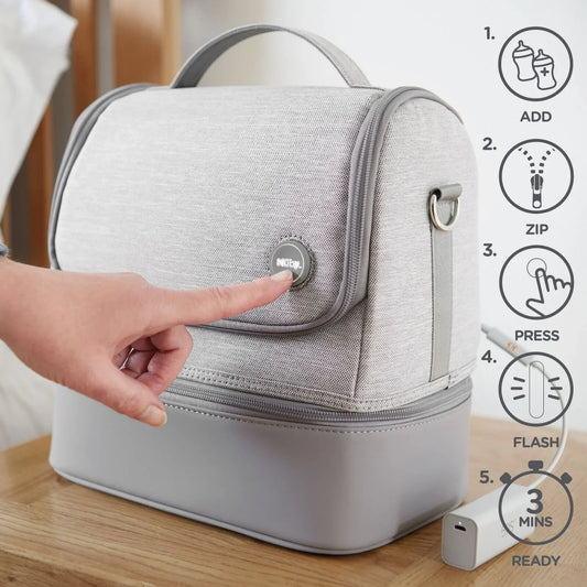 Parent using Nuby portable steriliser to clean baby bottles at home – baby bottle steriliser rental from Thursday’s Child