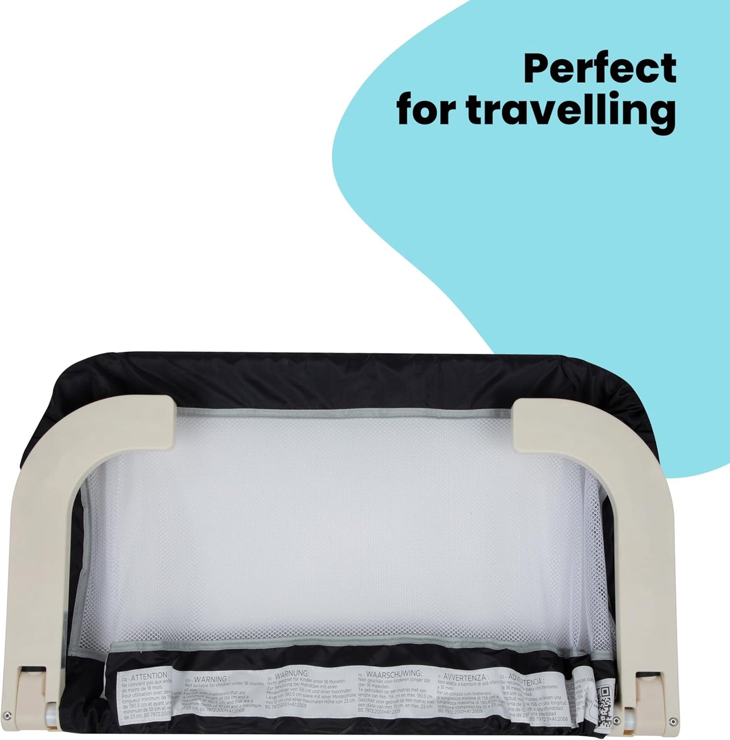 Compact foldable toddler bed rail perfect for travel – baby safety bed guard available from Thursday's Child Rental