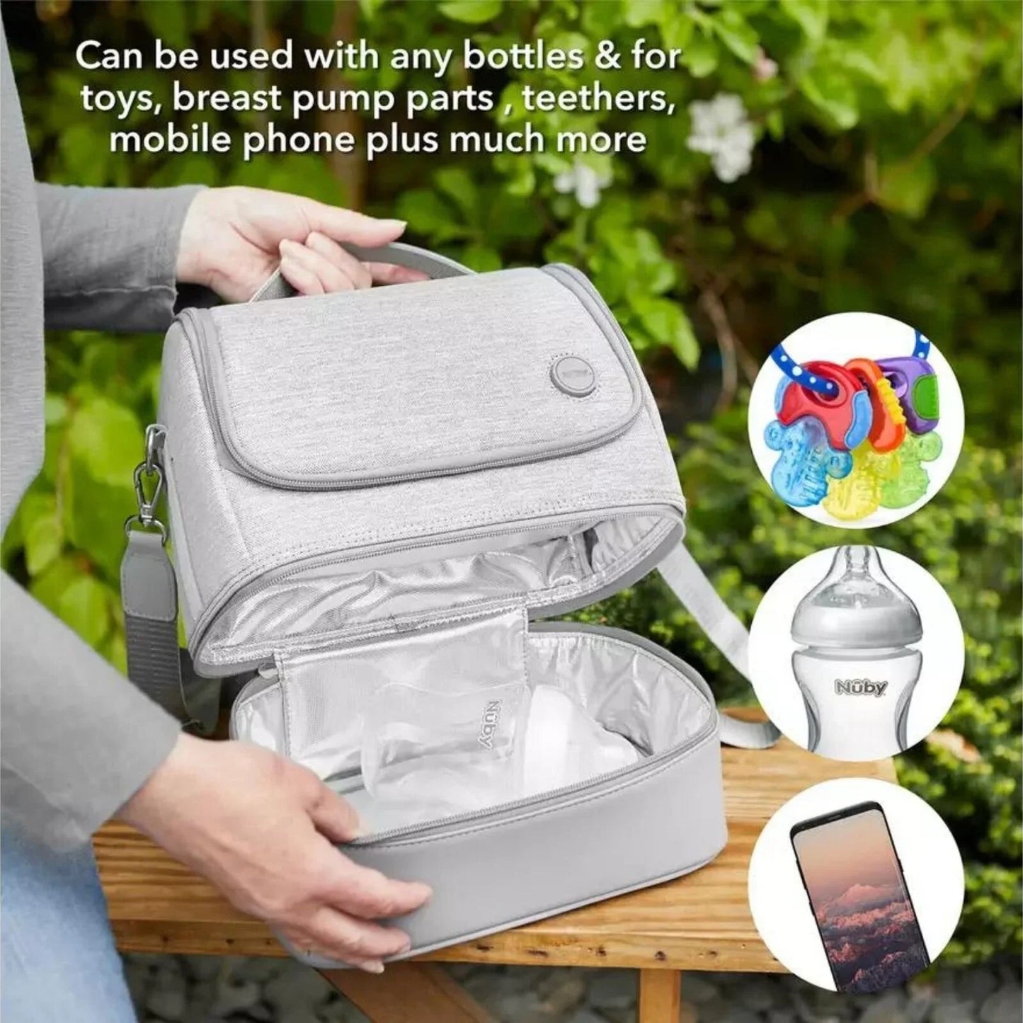 Nuby portable baby bottle steriliser – compact electric steriliser for travel and home use, available for hire from Thursday’s Child Rental