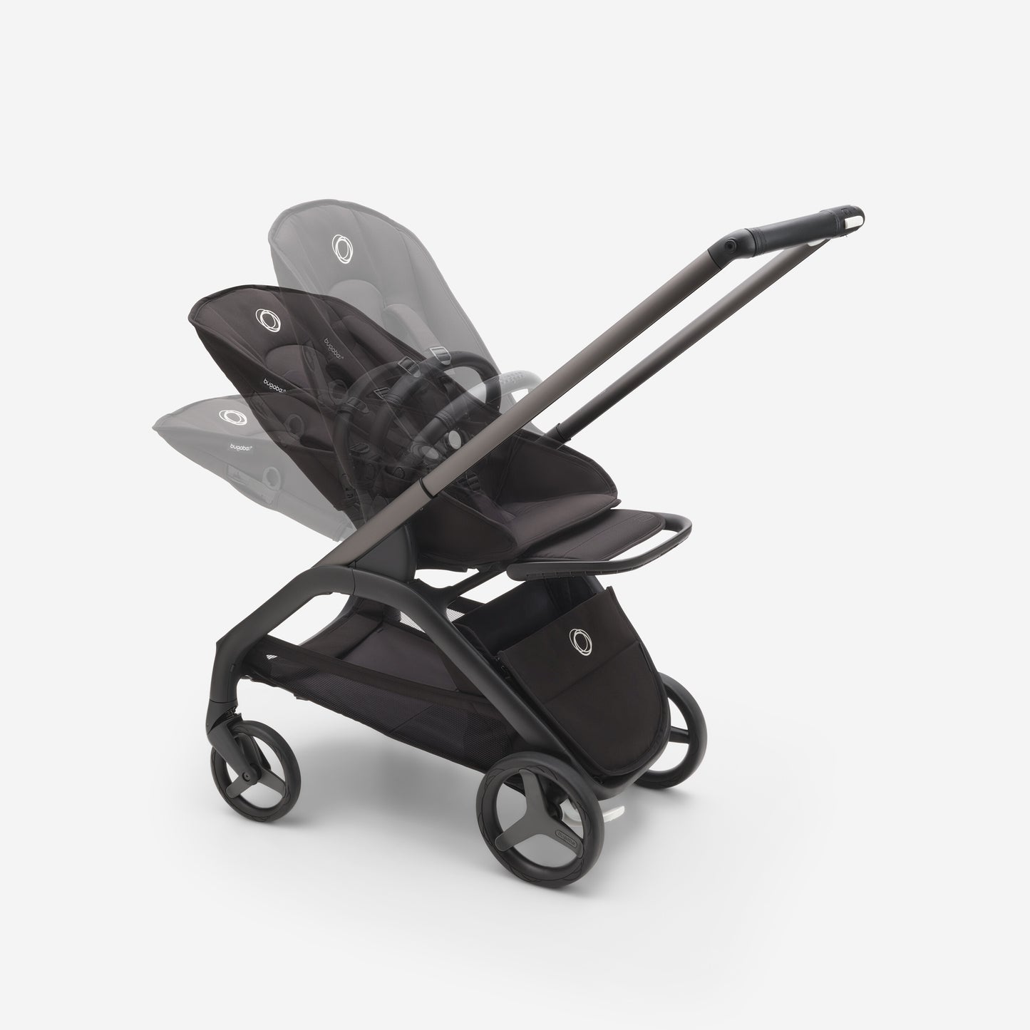 Black Bugaboo Dragonfly stroller fully reclined – newborn-friendly feature available for hire via Thursday’s Child