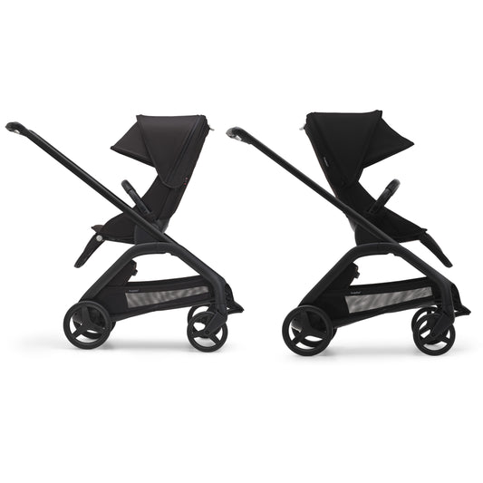 Bugaboo Dragonfly in black with reversible seat – parent or world-facing setup from Thursday’s Child Rental