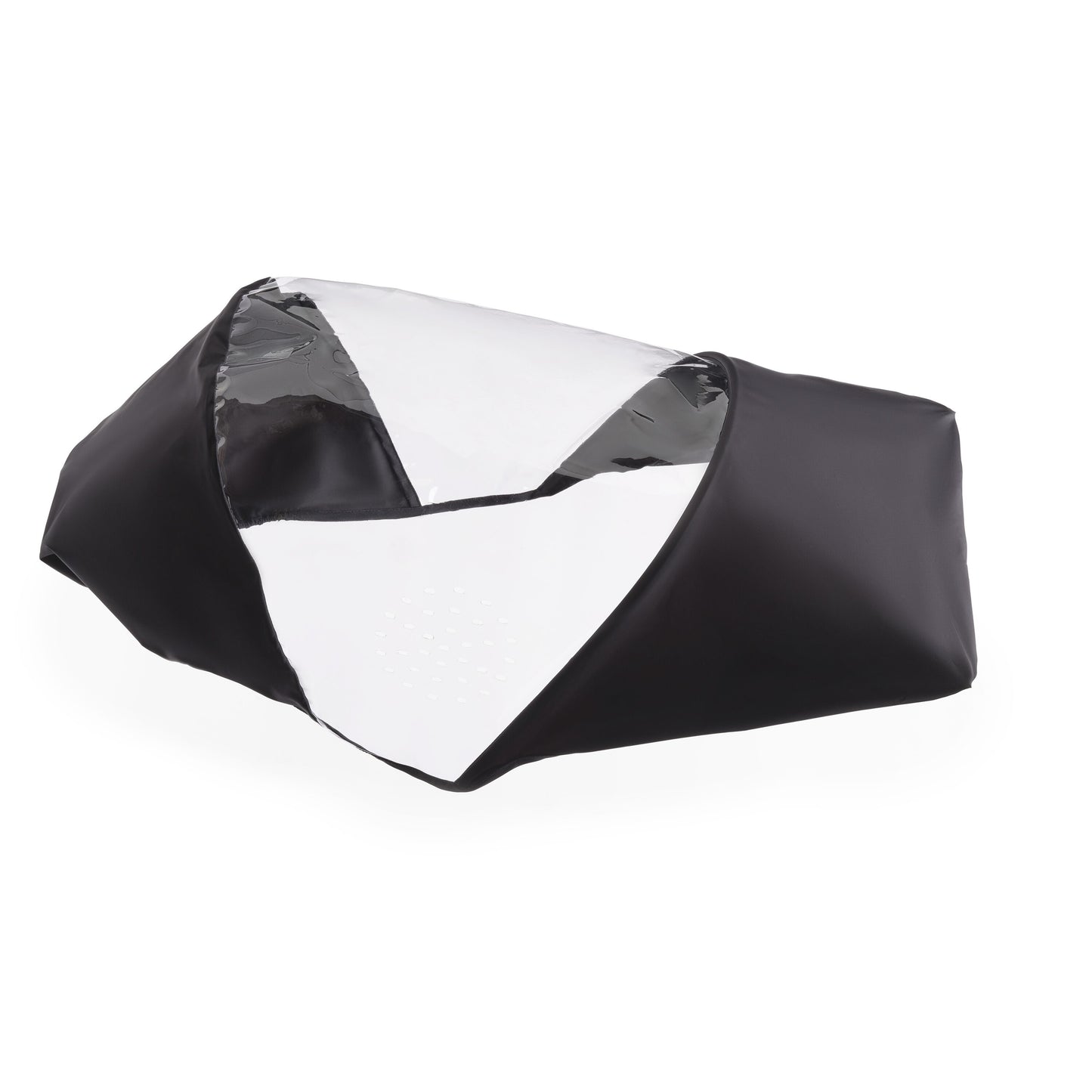 Side view of Bugaboo Dragonfly stroller with rain cover attached – clear protective shield keeping baby dry, hire from Thursday’s Child Rental.