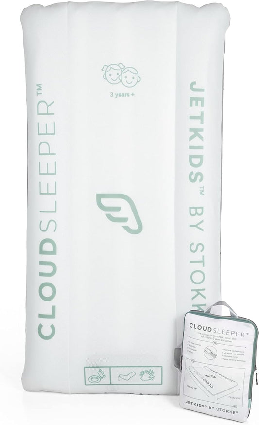 Stokke CloudSleeper inflatable travel bed for toddlers – compact, lightweight kids’ travel mattress available for hire from Thursday’s Child Rental