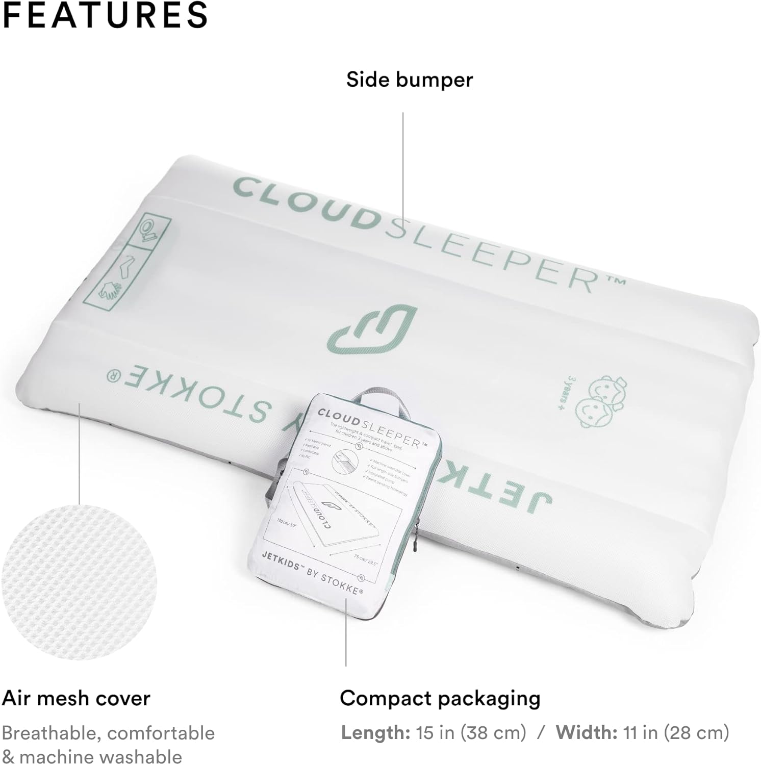 Stokke CloudSleeper inflatable travel bed for toddlers – compact, lightweight kids’ travel mattress available for hire from Thursday’s Child Rental