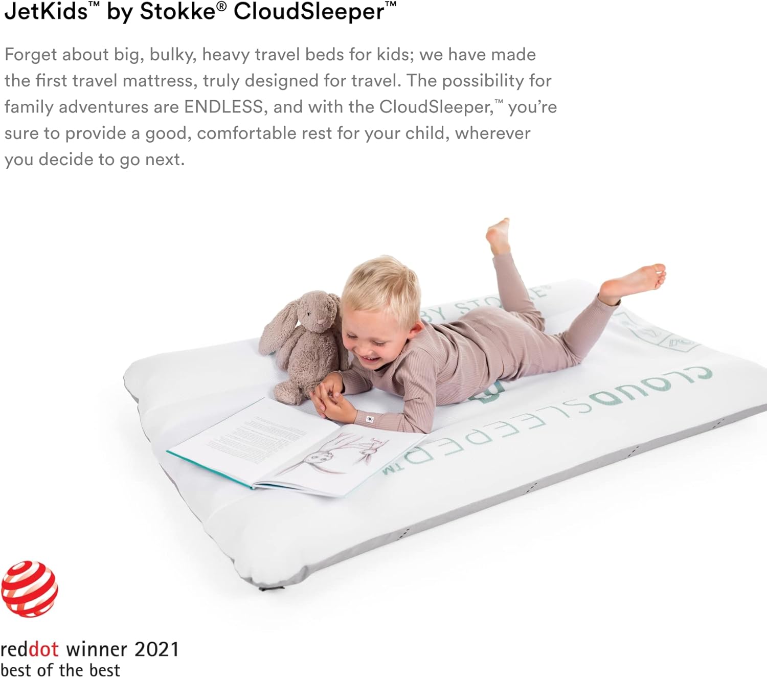 Stokke CloudSleeper inflatable travel bed for toddlers – compact, lightweight kids’ travel mattress available for hire from Thursday’s Child Rental