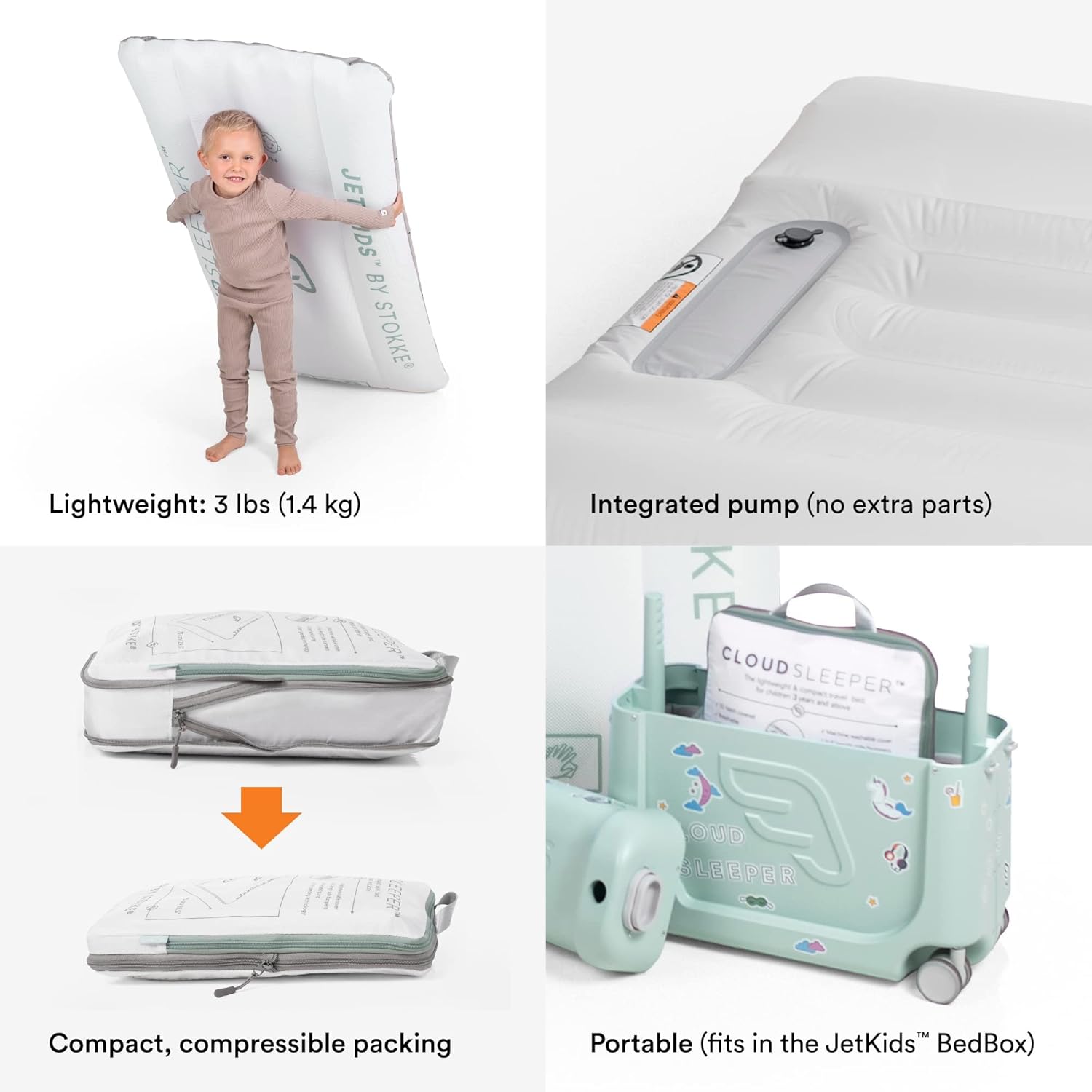 Stokke CloudSleeper inflatable travel bed for toddlers – compact, lightweight kids’ travel mattress available for hire from Thursday’s Child Rental.