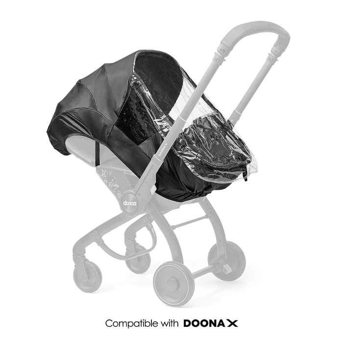 Doona X Raincover protecting stroller and car seat from rain and wind."