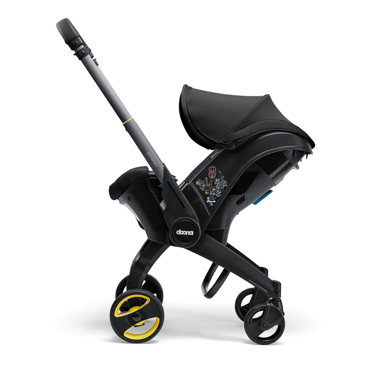 Doona i infant car seat and stroller in one, compact travel system with integrated wheels, suitable from birth – available for rental