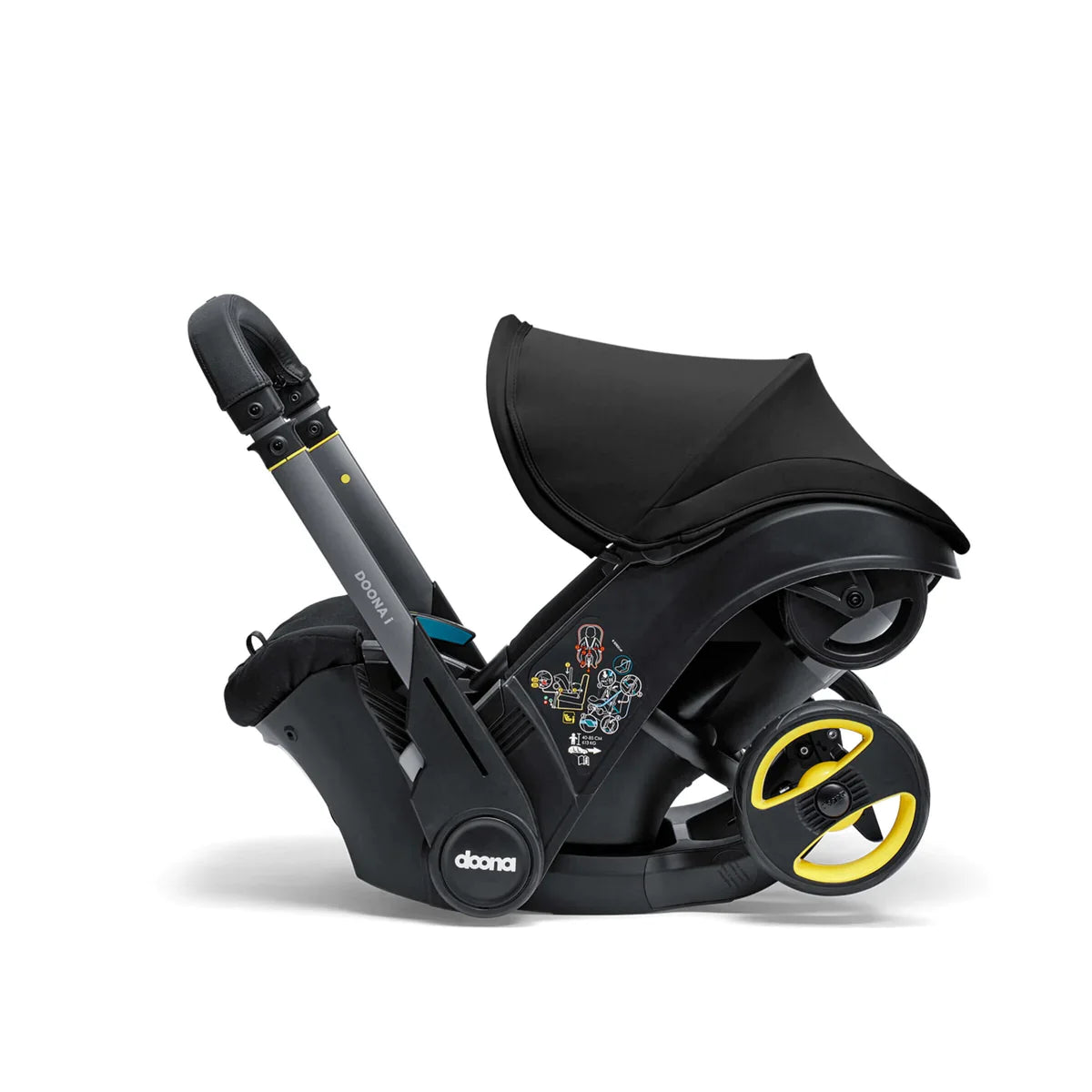 Doona i infant car seat and stroller in one, compact travel system with integrated wheels, suitable from birth – available for rental
