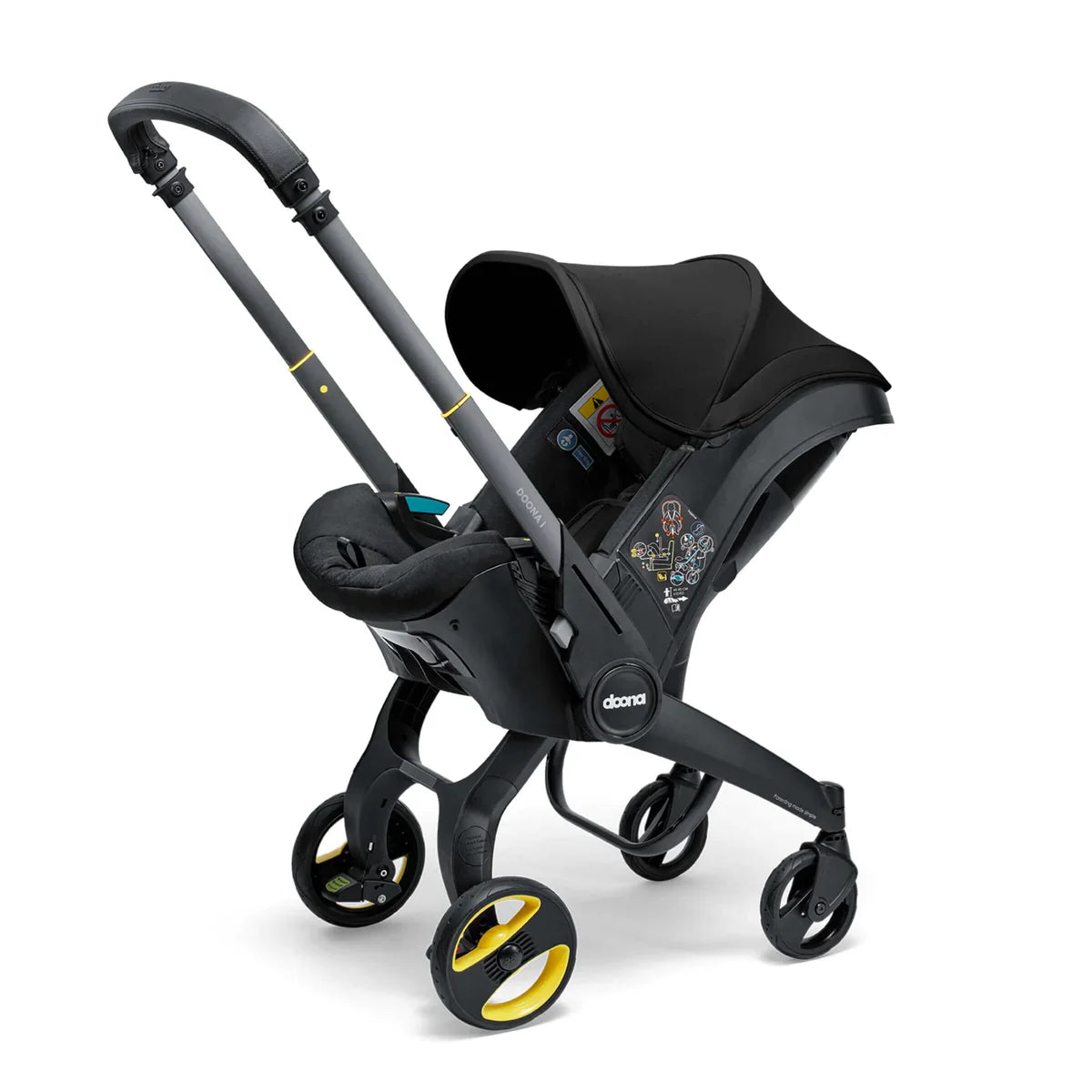 Doona i infant car seat and stroller in one, compact travel system with integrated wheels, suitable from birth – available for rental