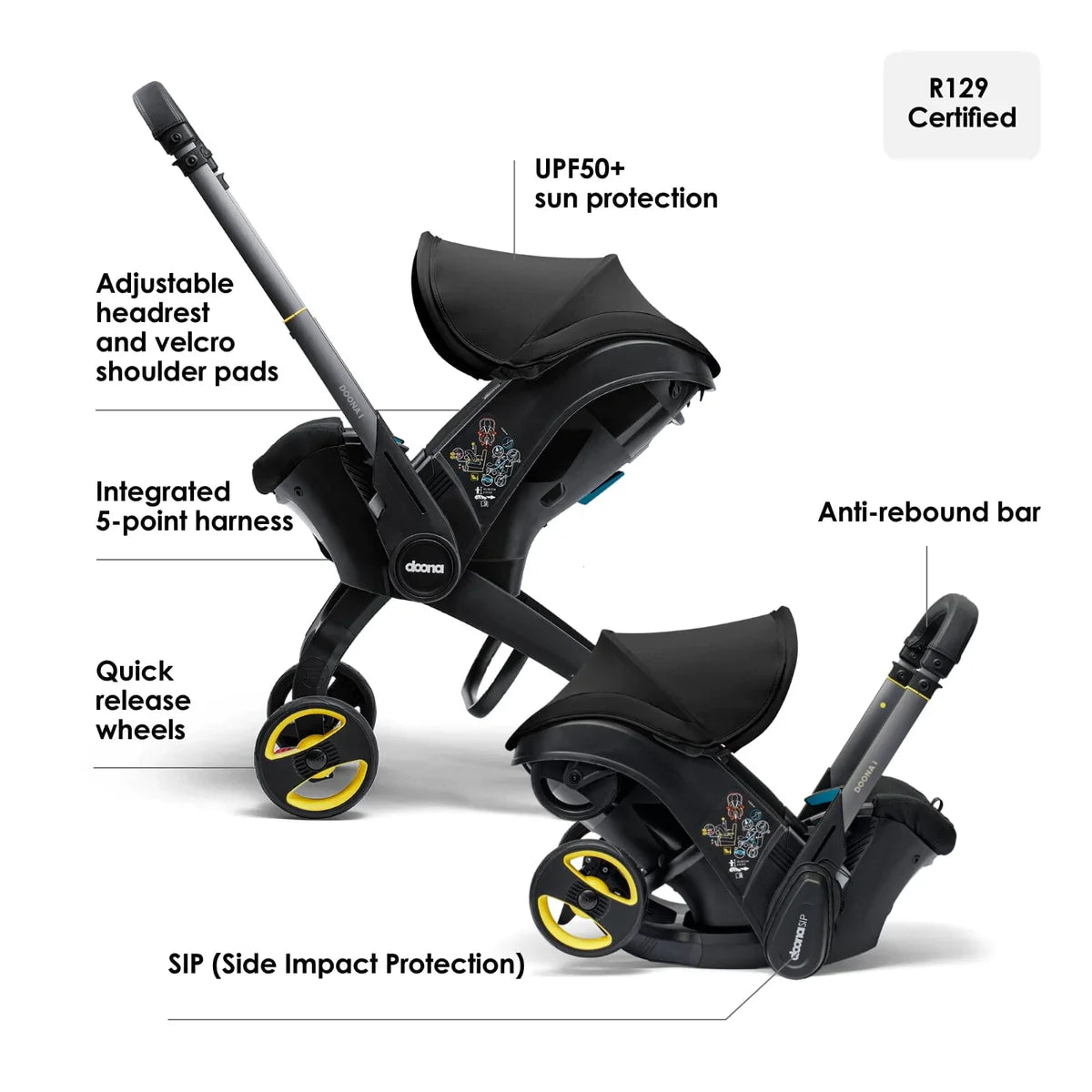 Doona i infant car seat and stroller in one, compact travel system with integrated wheels, suitable from birth – available for rental