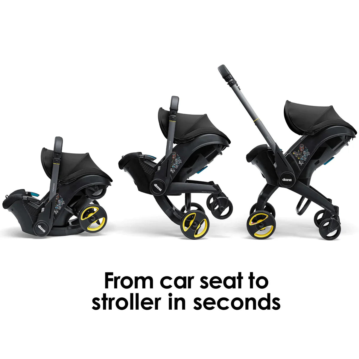 Doona i infant car seat and stroller in one, compact travel system with integrated wheels, suitable from birth – available for rental