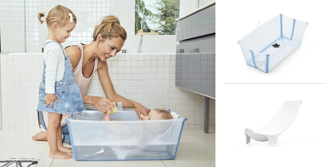 Complete Stokke Flexi Bath set with Newborn Support and original packaging – Rentable baby bath gear from Thursday’s Child.