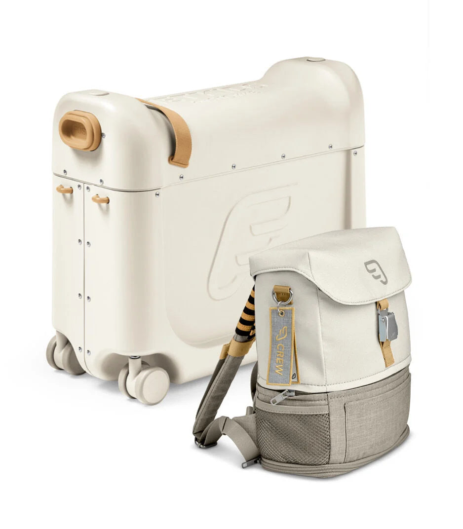 Stokke BedBox and Crew BackPack travel bundle for kids, ride-on suitcase that converts to inflight bed plus matching backpack – perfect for family travel, available for rental
