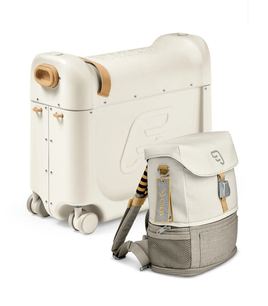 Stokke BedBox and Crew BackPack travel bundle for kids, ride-on suitcase that converts to inflight bed plus matching backpack – perfect for family travel, available for rental