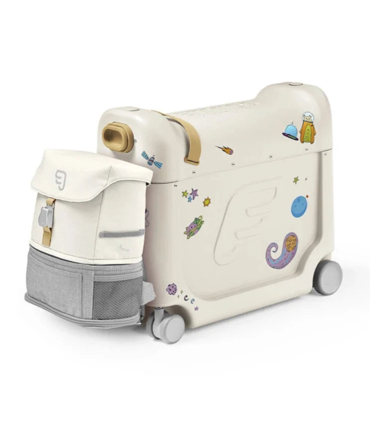 Stokke BedBox and Crew BackPack travel bundle for kids, ride-on suitcase that converts to inflight bed plus matching backpack – perfect for family travel, available for rental