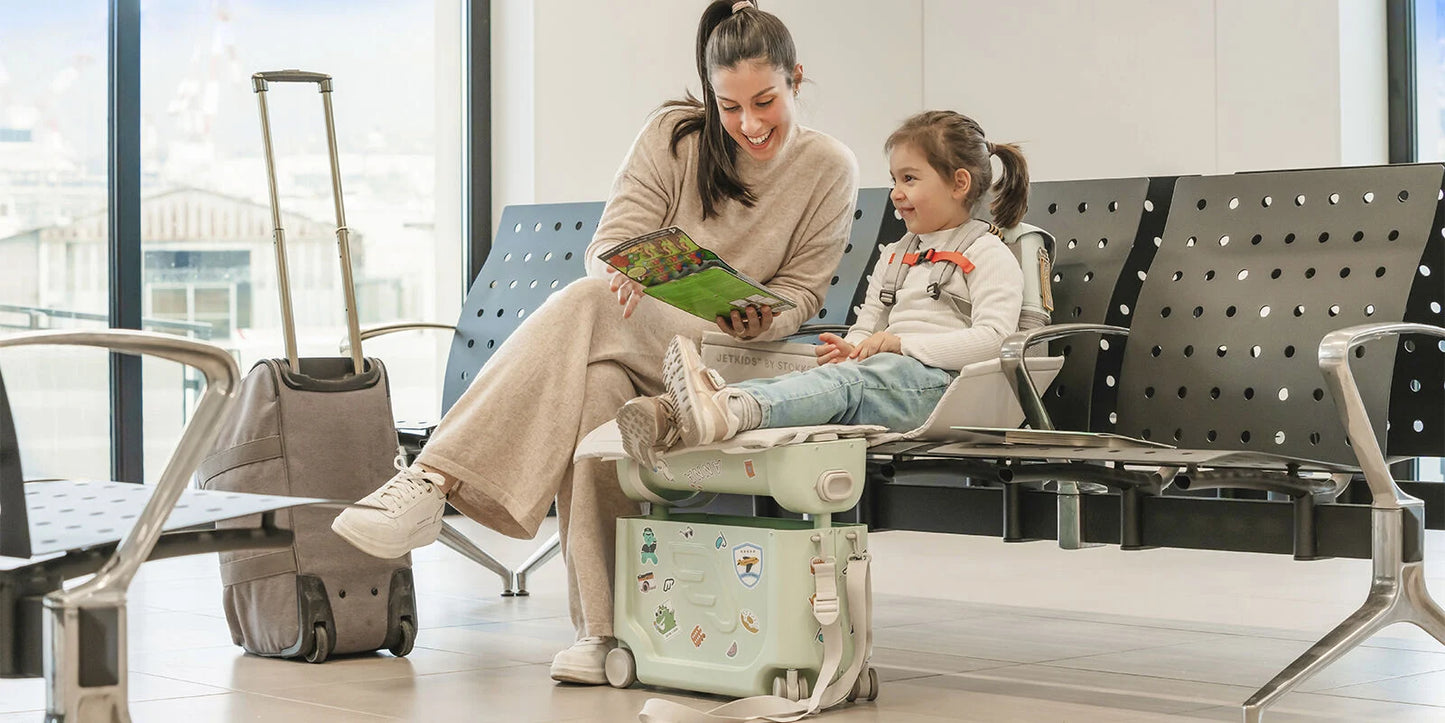 Stokke BedBox and Crew BackPack travel bundle for kids, ride-on suitcase that converts to inflight bed plus matching backpack – perfect for family travel, available for rental