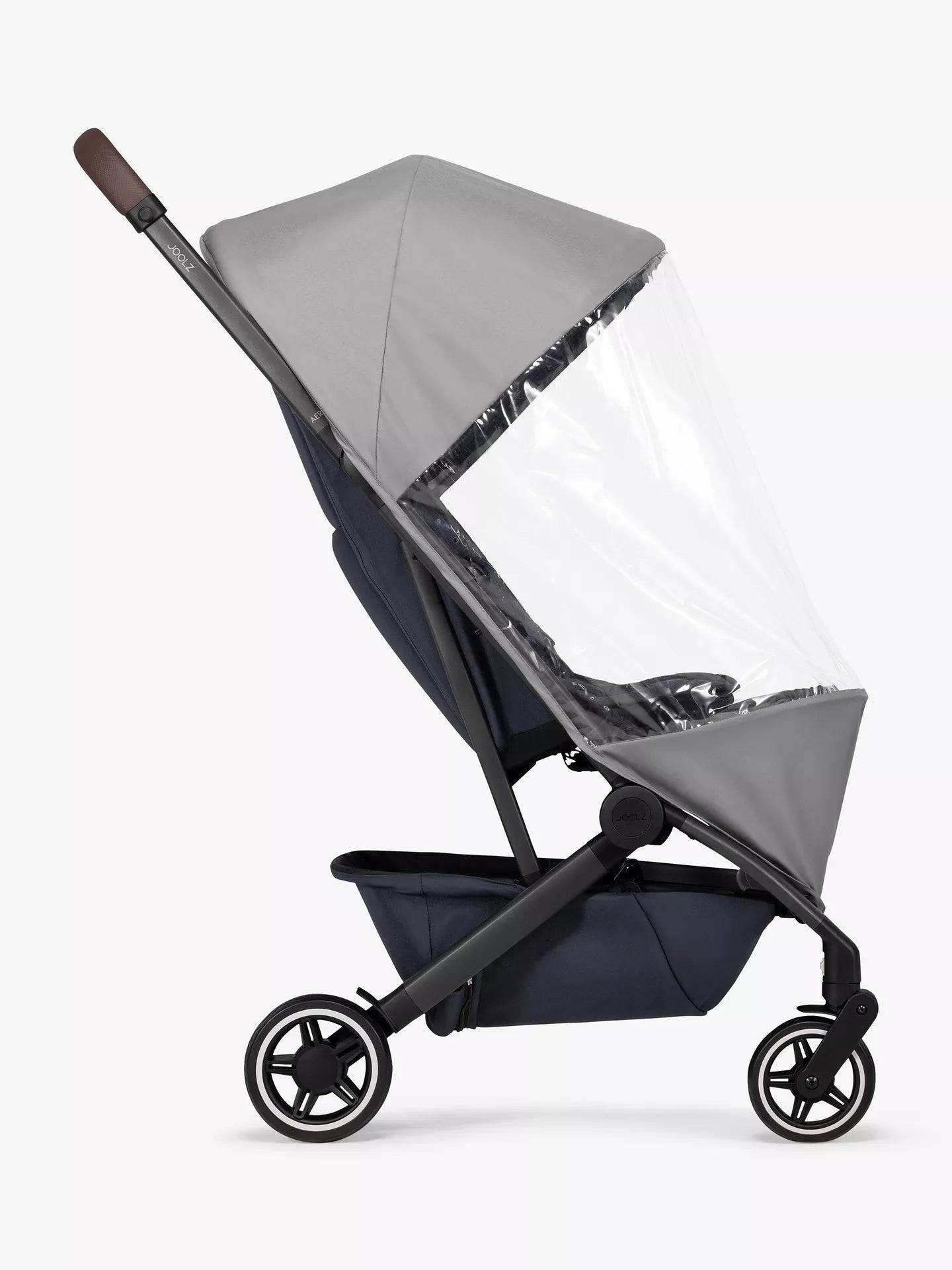 Joolz Aer Rain Cover fitted on stroller in rainy weather – Clear, breathable weather protection for babies – Thursdays Child Rental
