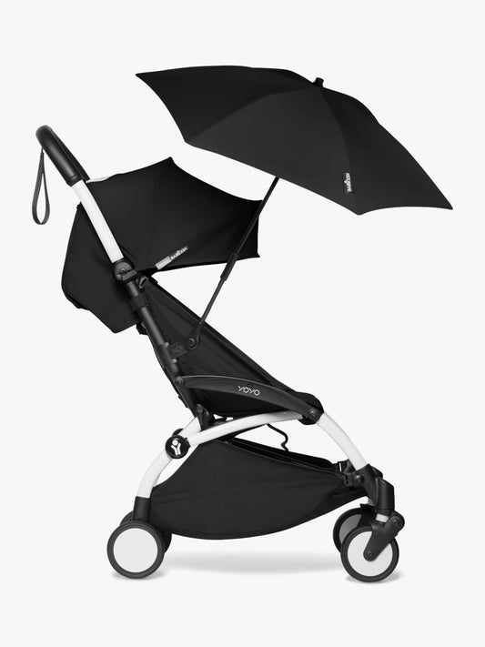 Stokke babyzen yoyo parasol in black, a sleek official parasol that easily attaches to the YOYO frame. It can be easily attached and removed, making it perfect for attaching whilst on the move and protecting your child from the sun as it protects up SPF50 Available to hire from Thursdays Child Rental.