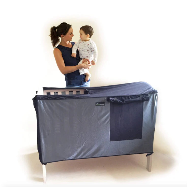 Suitable from birth, this multi-award-winning blackout shade, available to rent from Thursday's Child, helps your baby or toddler sleep soundly in their cot bed. Completely effortless to use, it’s compatible with cot beds that take a 140cm x 70cm mattress.
Like all our products, SnoozeShade for Cot Beds is made from our scientifically tested, better-than-breathable mesh fabric that lets air flow freely, blocks out 94% of light and blurs distractions, helping your little one switch off and sleep well.