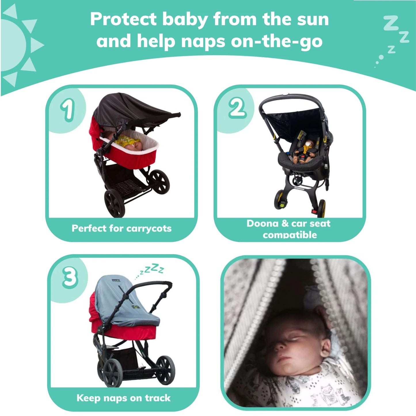 SnoozeShade Original sun shade for strollers, designed for babies 6 months and up, blocks UV rays and helps with naps on the go – available for rental
