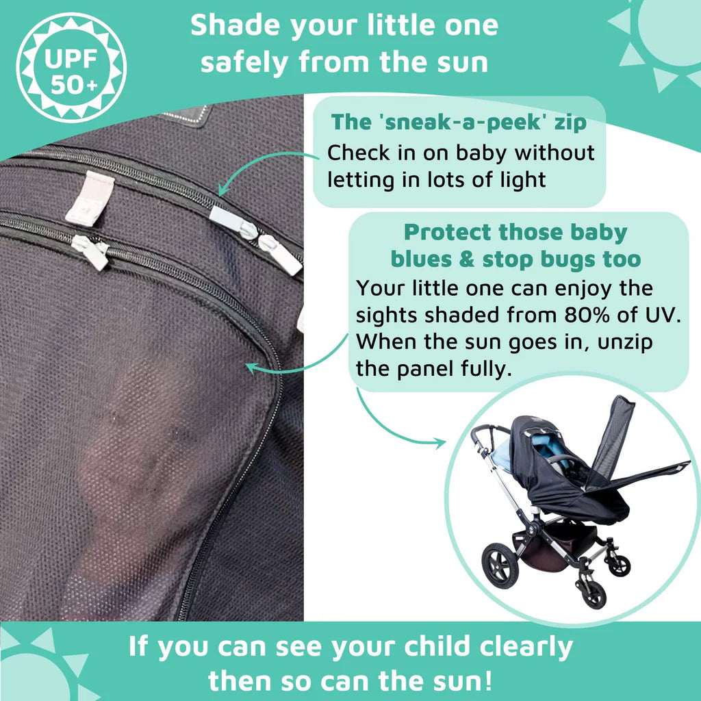 SnoozeShade Plus Extra sun shade for strollers, designed for babies 6 months and up, blocks UV rays and helps with naps on the go – available for rental