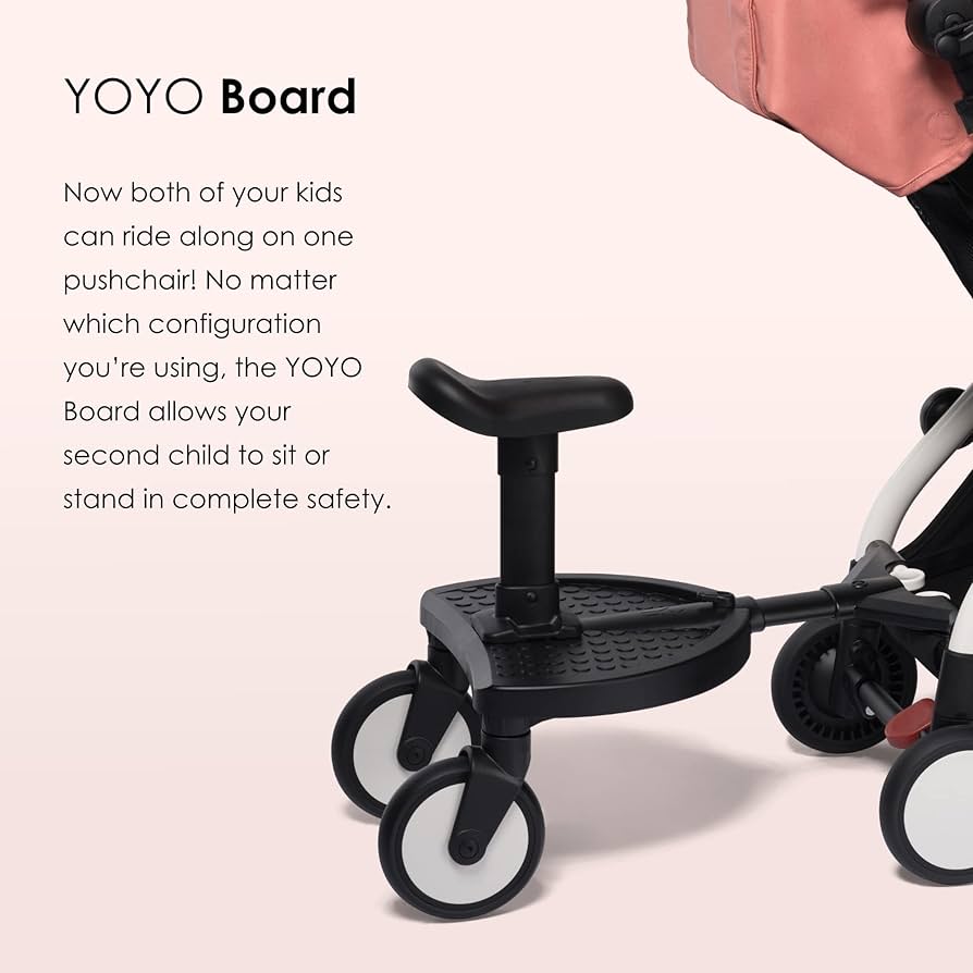 YOYO Board stroller accessory with removable saddle seat, attaches to YOYO and YOYO² strollers for older siblings – available for rental