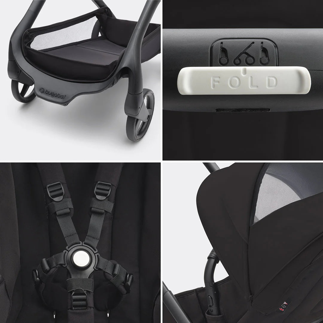 Sleek black Bugaboo Dragonfly – stylish city stroller for rent at Thursday’s Child