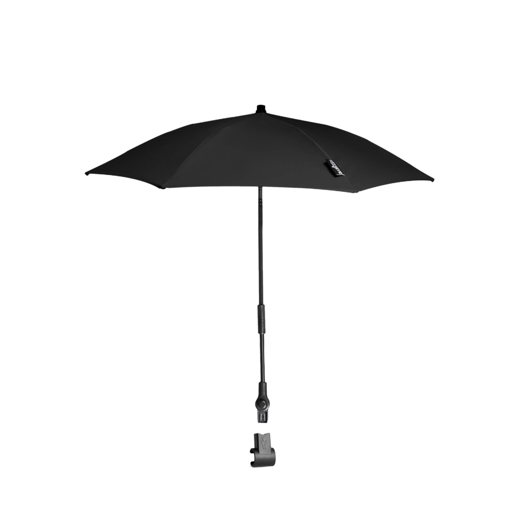 Stokke babyzen yoyo parasol in black, a sleek official parasol that easily attaches to the YOYO frame. It can be easily attached and removed, making it perfect for attaching whilst on the move and protecting your child from the sun as it protects up SPF50 Available to hire from Thursdays Child Rental.