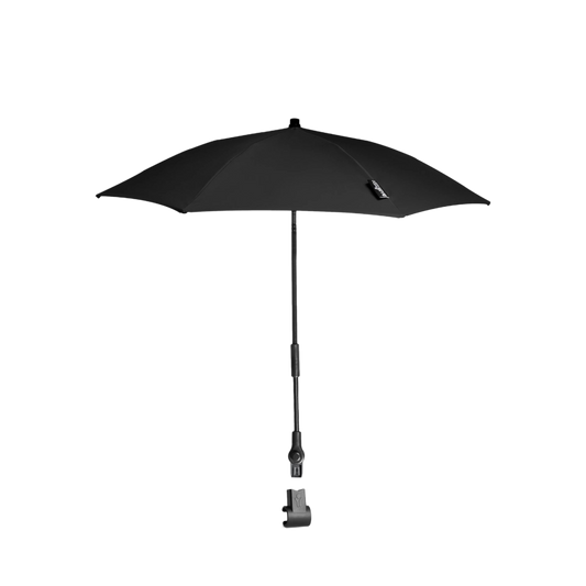 Stokke babyzen yoyo parasol in black, a sleek official parasol that easily attaches to the YOYO frame. It can be easily attached and removed, making it perfect for attaching whilst on the move and protecting your child from the sun as it protects up SPF50 Available to hire from Thursdays Child Rental.