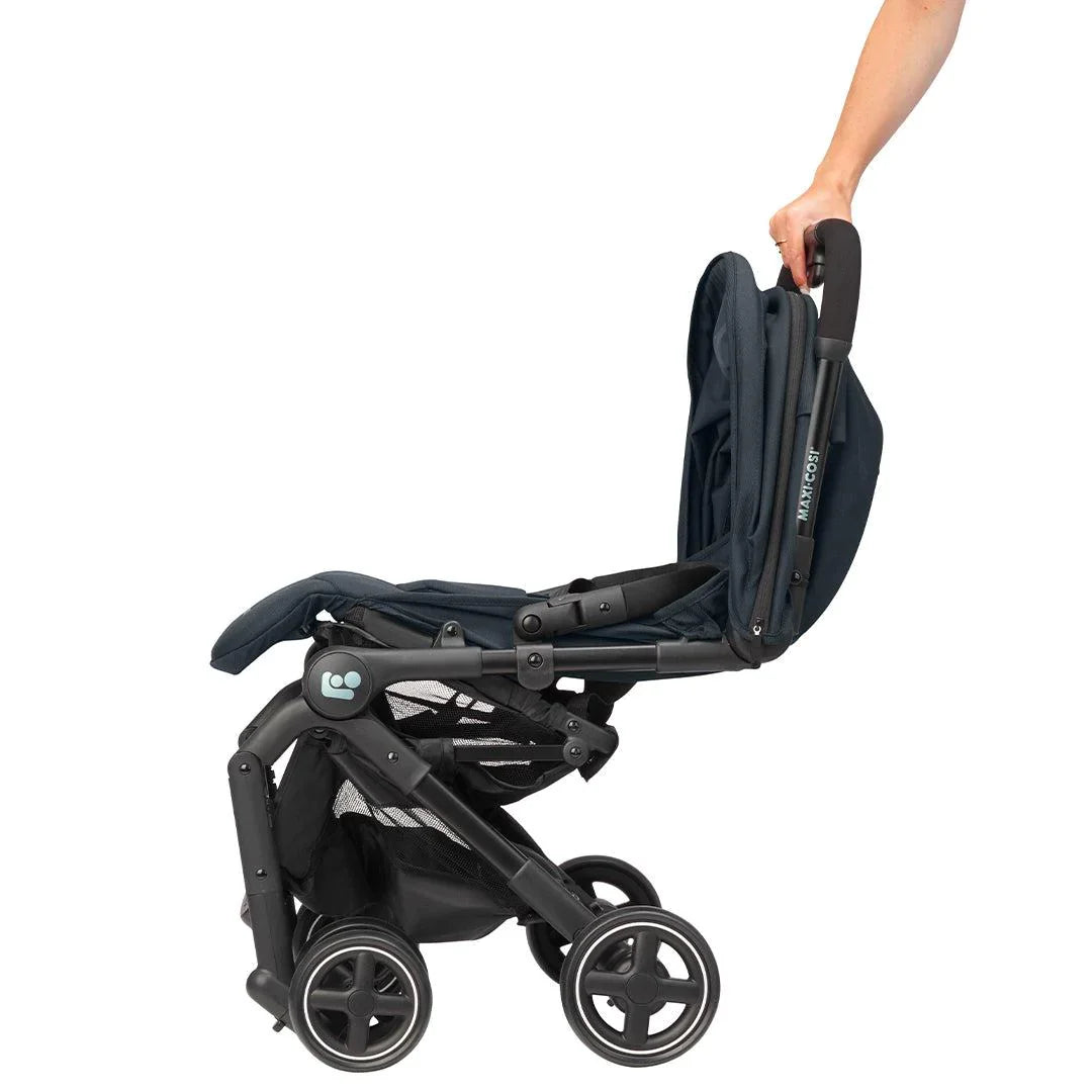 Maxi-Cosi Lara 2 stroller in sleek black, lightweight and compact with padded seat and sun canopy, available for rental.