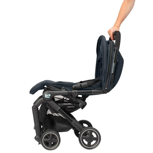 Maxi-Cosi Lara 2 stroller in sleek black, lightweight and compact with padded seat and sun canopy, available for rental.