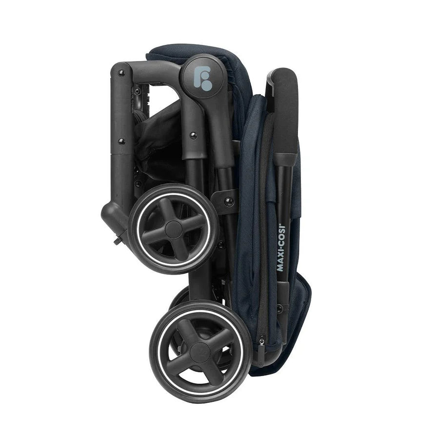 Maxi-Cosi Lara 2 stroller in sleek black, lightweight and compact with padded seat and sun canopy, available for rental.