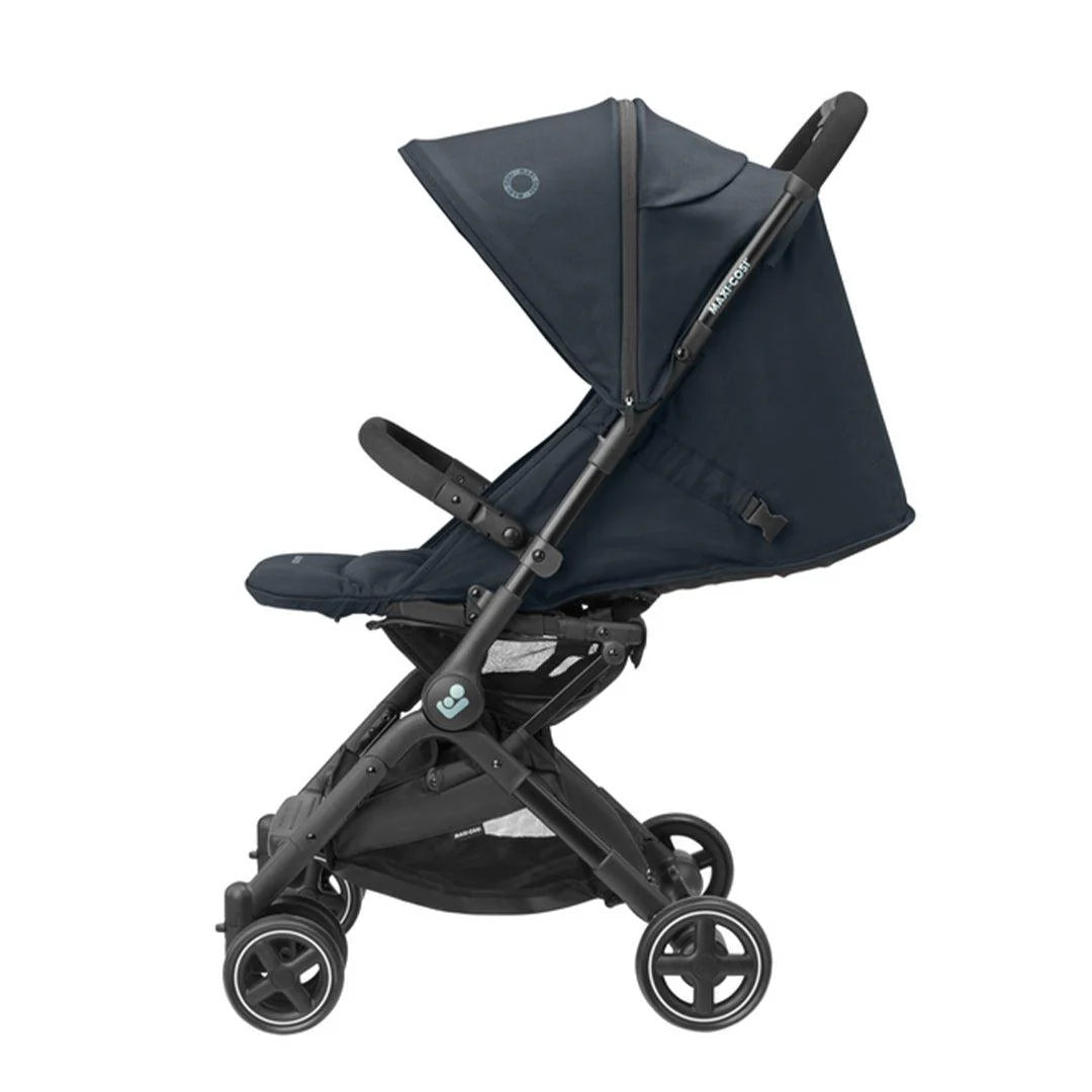 Maxi-Cosi Lara 2 stroller in sleek black, lightweight and compact with padded seat and sun canopy, available for rental.