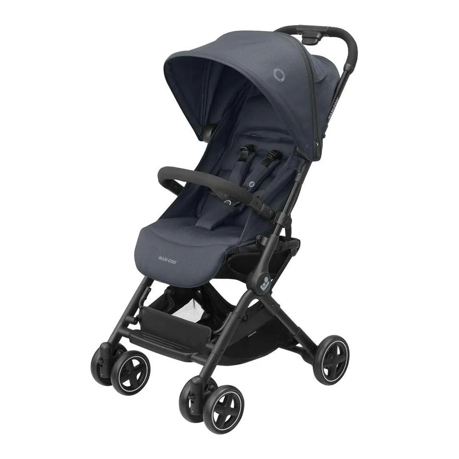 Maxi-Cosi Lara 2 stroller in sleek black, lightweight and compact with padded seat and sun canopy, available for rental.