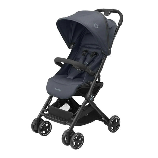 Maxi-Cosi Lara 2 stroller in sleek black, lightweight and compact with padded seat and sun canopy, available for rental.
