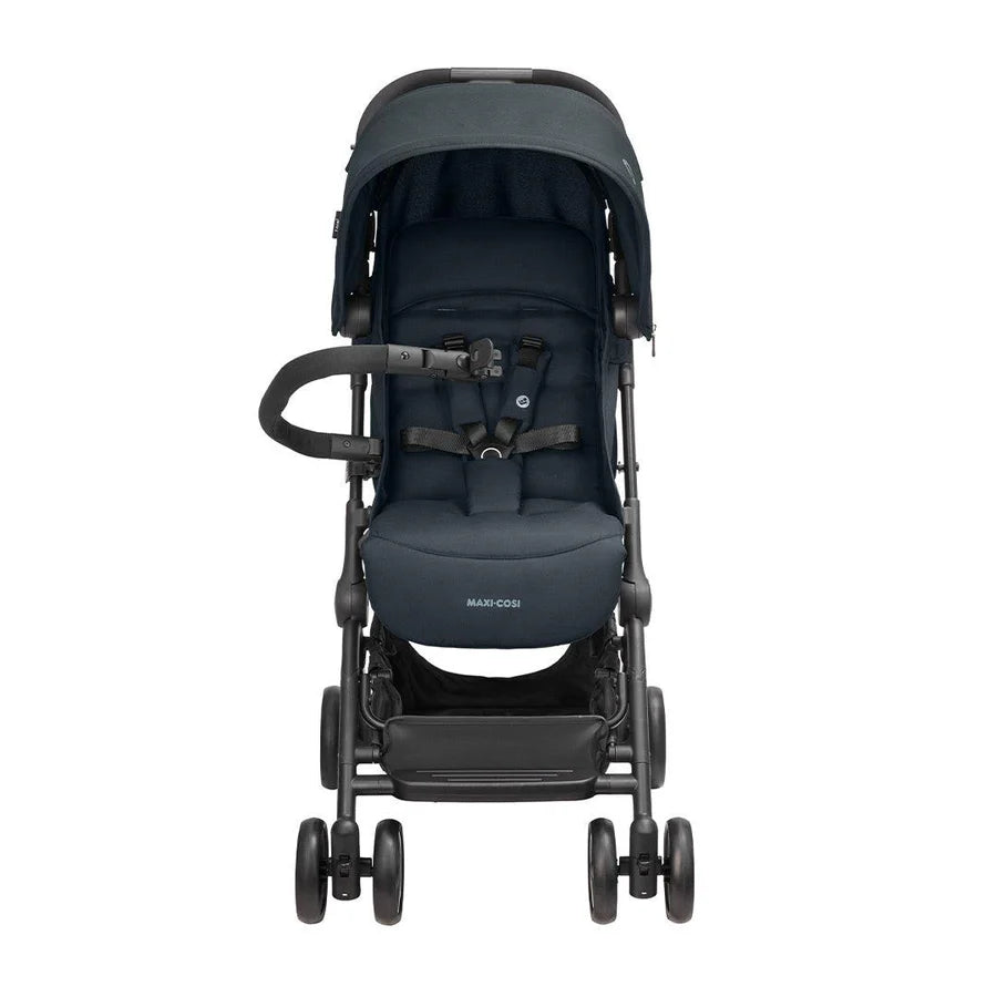 Maxi-Cosi Lara 2 stroller in sleek black, lightweight and compact with padded seat and sun canopy, available for rental.