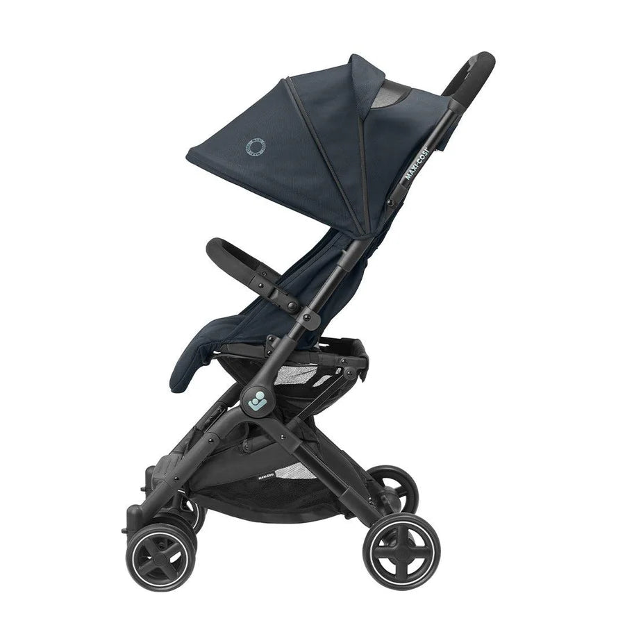 Maxi-Cosi Lara 2 stroller in sleek black, lightweight and compact with padded seat and sun canopy, available for rental.