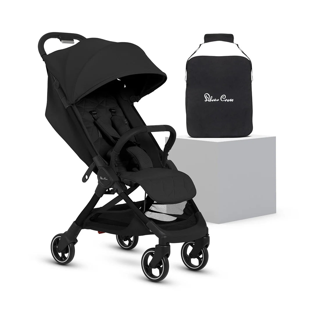 Rent the Silver Cross Clic 2 in Space Black from Thursday’s Child Rental—ultra-compact travel stroller perfect for airports, holidays, and city adventures.