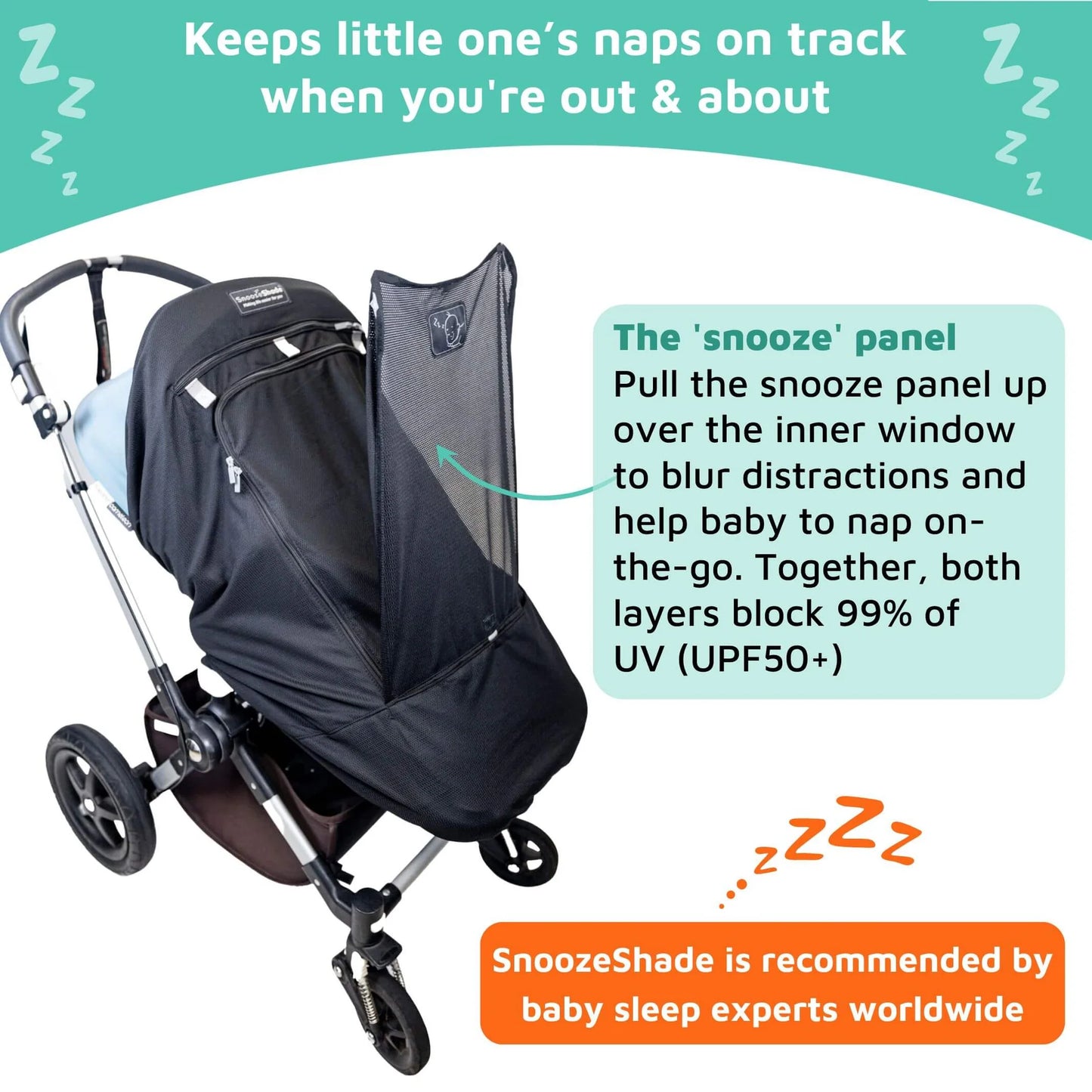 SnoozeShade Plus Extra sun shade for strollers, designed for babies 6 months and up, blocks UV rays and helps with naps on the go – available for rental
