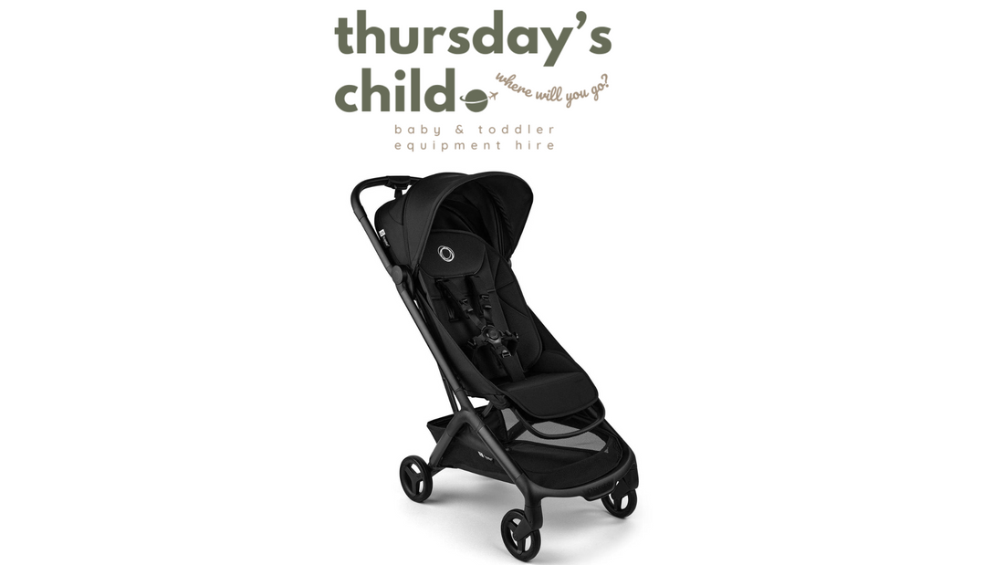 Bugaboo Butterfly 2 lightweight travel stroller – Thursday’s Child Rental logo – compact, lay-flat recline, and one-second fold.