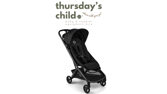 Bugaboo Butterfly 2 lightweight travel stroller – Thursday’s Child Rental logo – compact, lay-flat recline, and one-second fold.