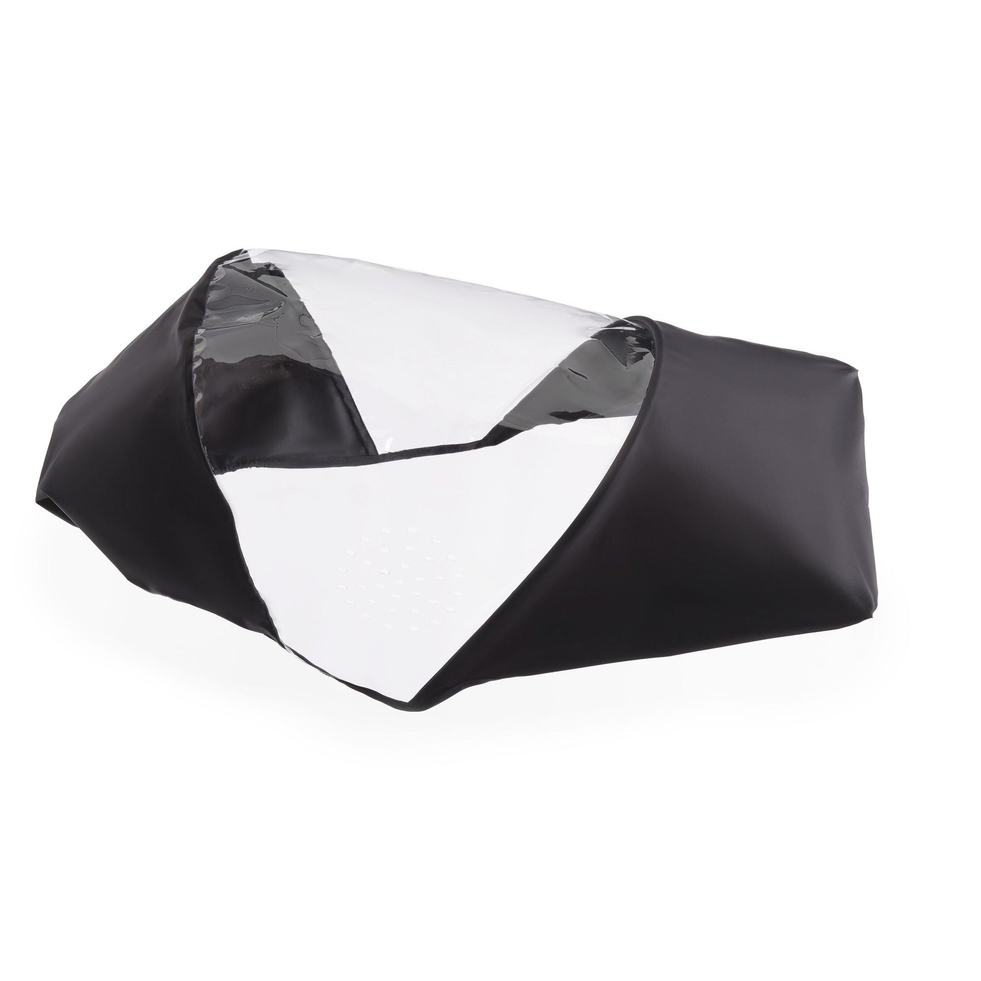 Side view of Bugaboo Dragonfly stroller with rain cover attached – clear protective shield keeping baby dry, hire from Thursday’s Child Rental.