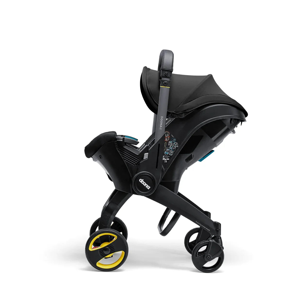 Doona i infant car seat and stroller in one, compact travel system with integrated wheels, suitable from birth – available for rental
