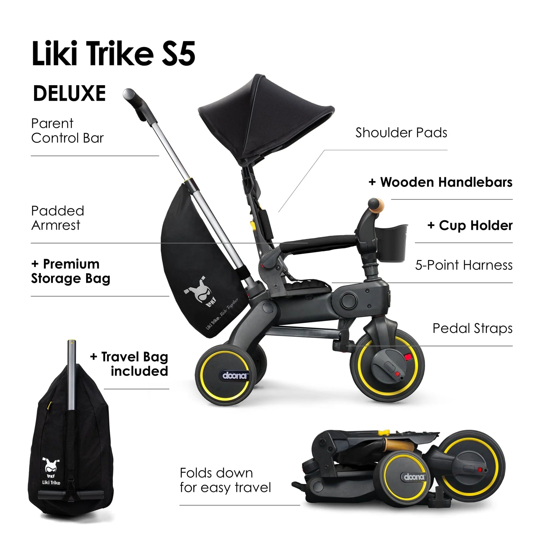 Close-up of black Doona Liki Trike S5’s 5-point harness and padded seat — safe and comfortable ride for young children.
