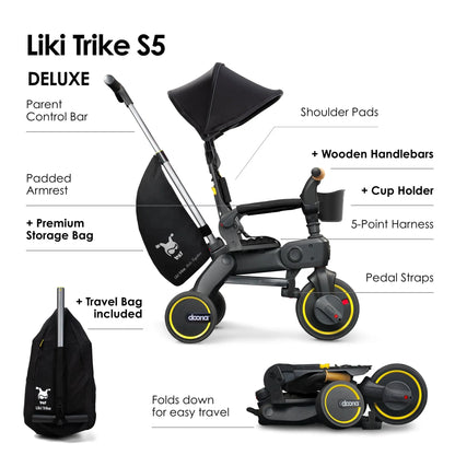 Close-up of black Doona Liki Trike S5’s 5-point harness and padded seat — safe and comfortable ride for young children.